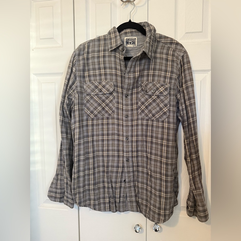 Converse Men's Casual Gray Plaid Button Down Shirt